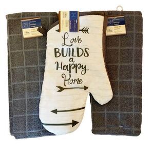 NEW Farmhouse Kitchen Linen 3 Pc SET Gray White Love Happy Home Oven Mitt Towels